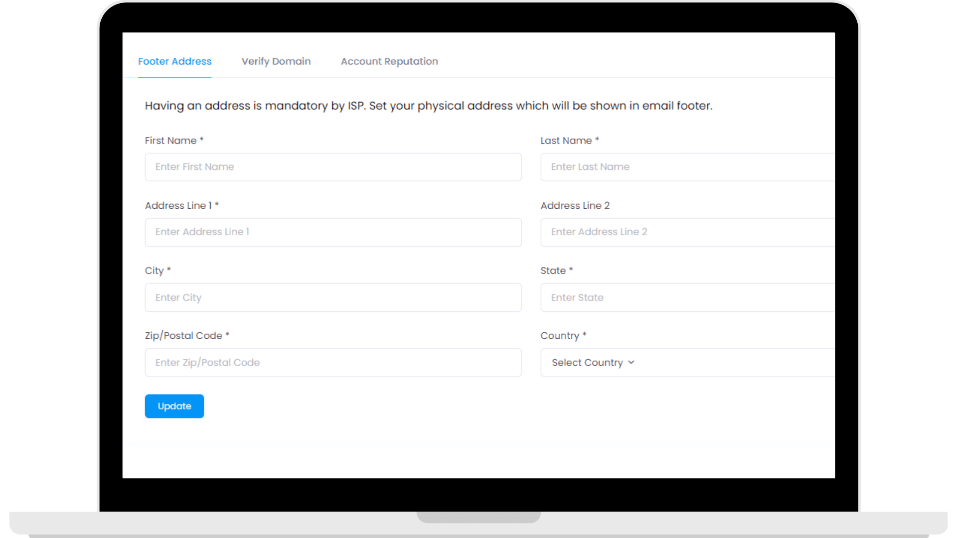 The mandatory footer information that you have to fill in when setting up email campaigns in Zixflow.
