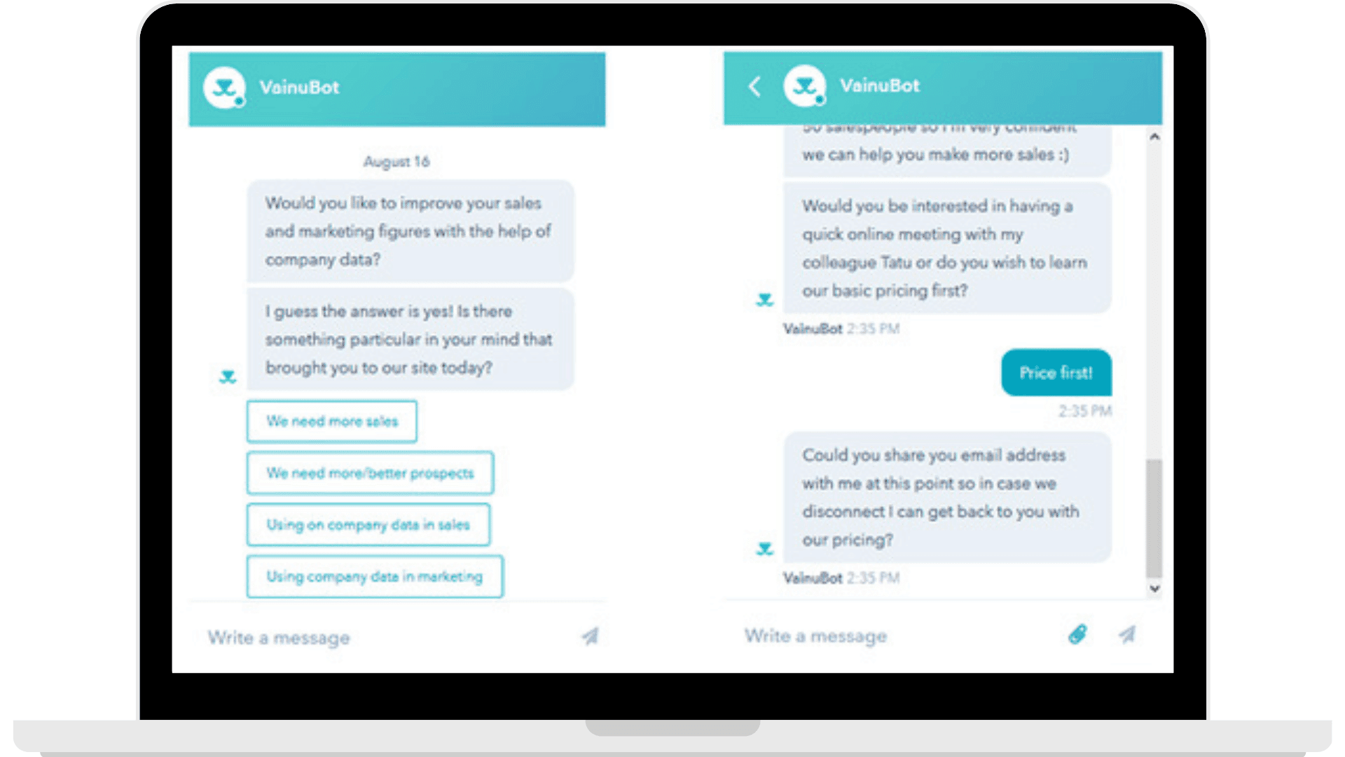 Vainu’s chatbot interacts with its prospects by having rich conversations and understanding their needs.(source: REVE Chat)