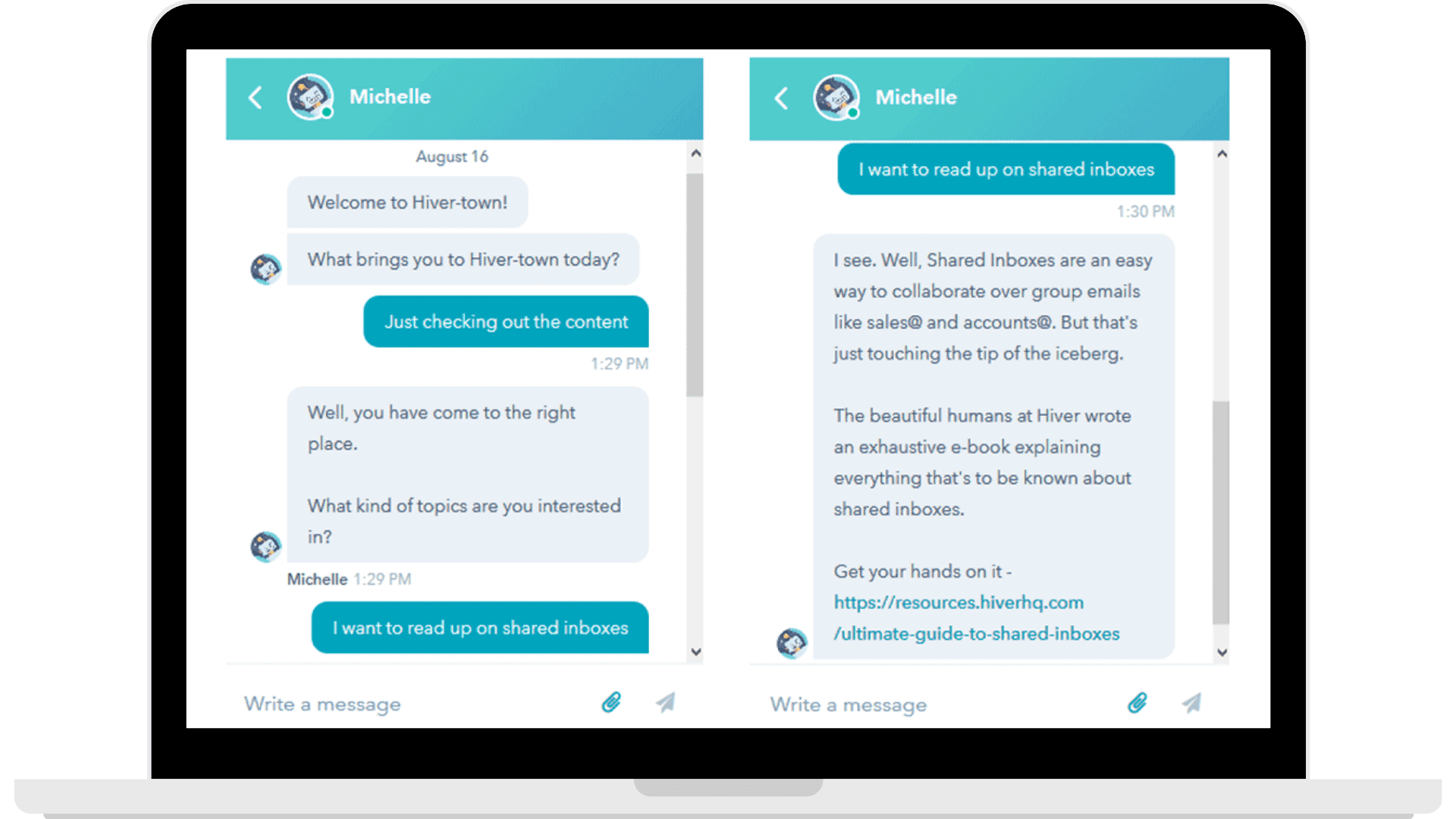 Hiver’s chatbot engages its website visitors by providing suitable content that they want to read.