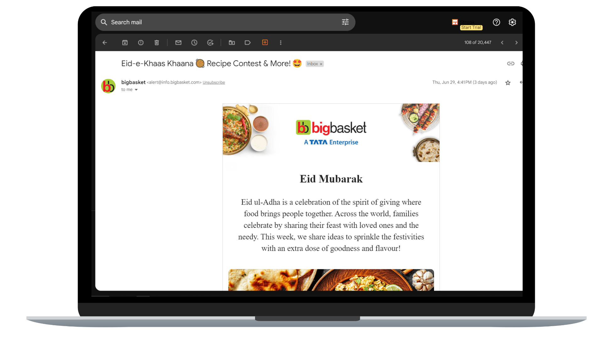 Personalized email from big basket on the occasion of Eid-ul-Adha.