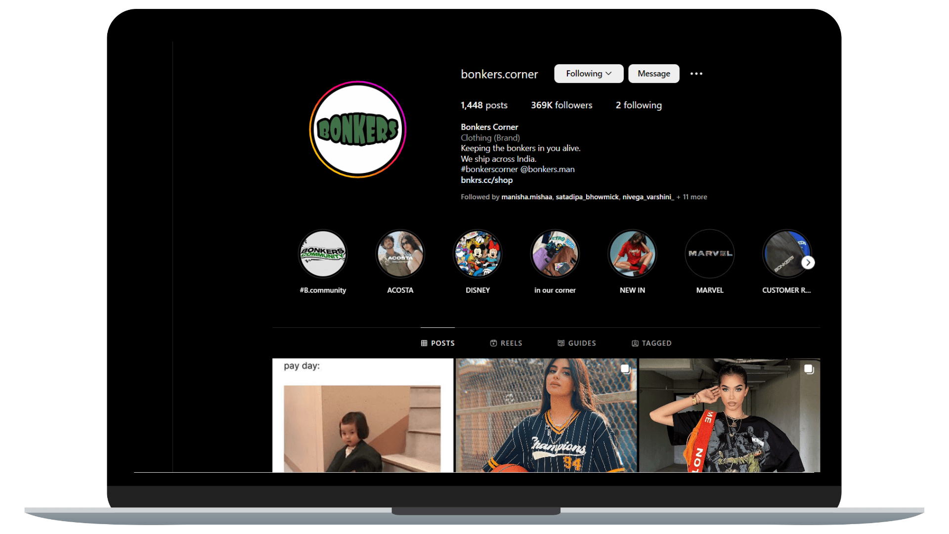 A clothing brand - Bonkers Corner promoting its products on Instagram.