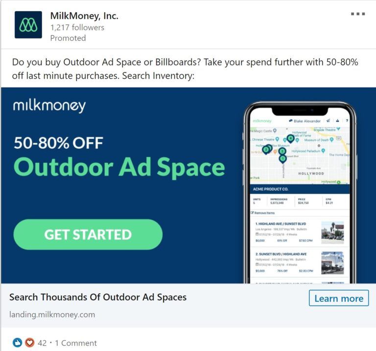 MilkMoney’s LinkedIn ad example showcases how they are utilizing LinkedIn to promote its offerings.
