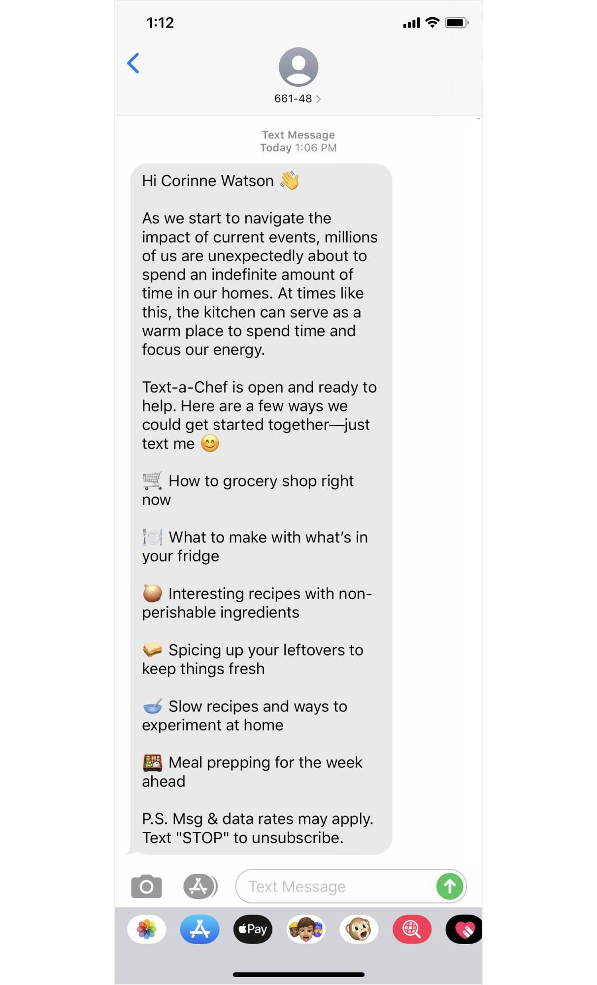 SMS message by Equal Parts to promote its food and beverage service to people during the Covid-19 lockdown.