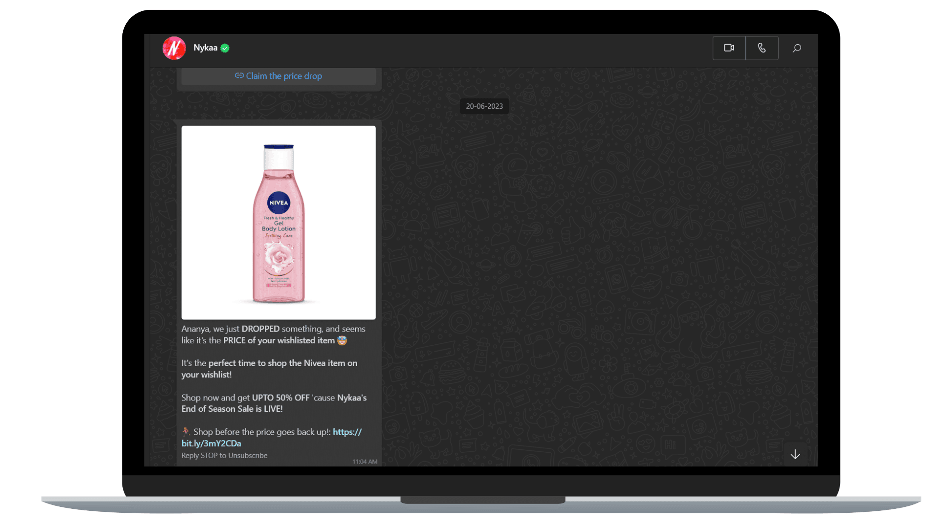 Nykaa sends personalized WhatsApp messages to it's buyers based on their recent picks.