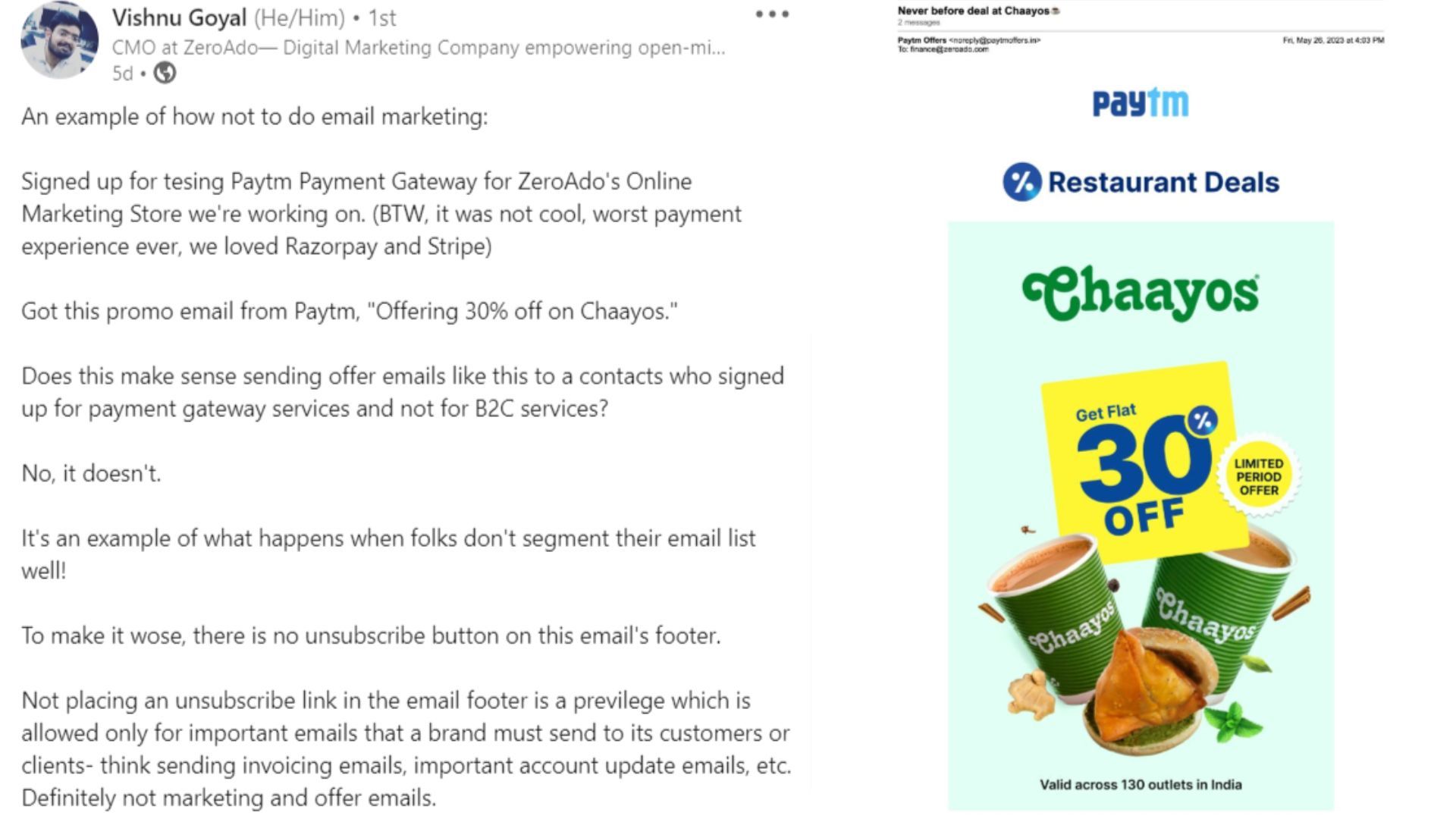 You do not want your audience to complain. Here is a user sharing his struggle with Paytm and their email marketing tactics.