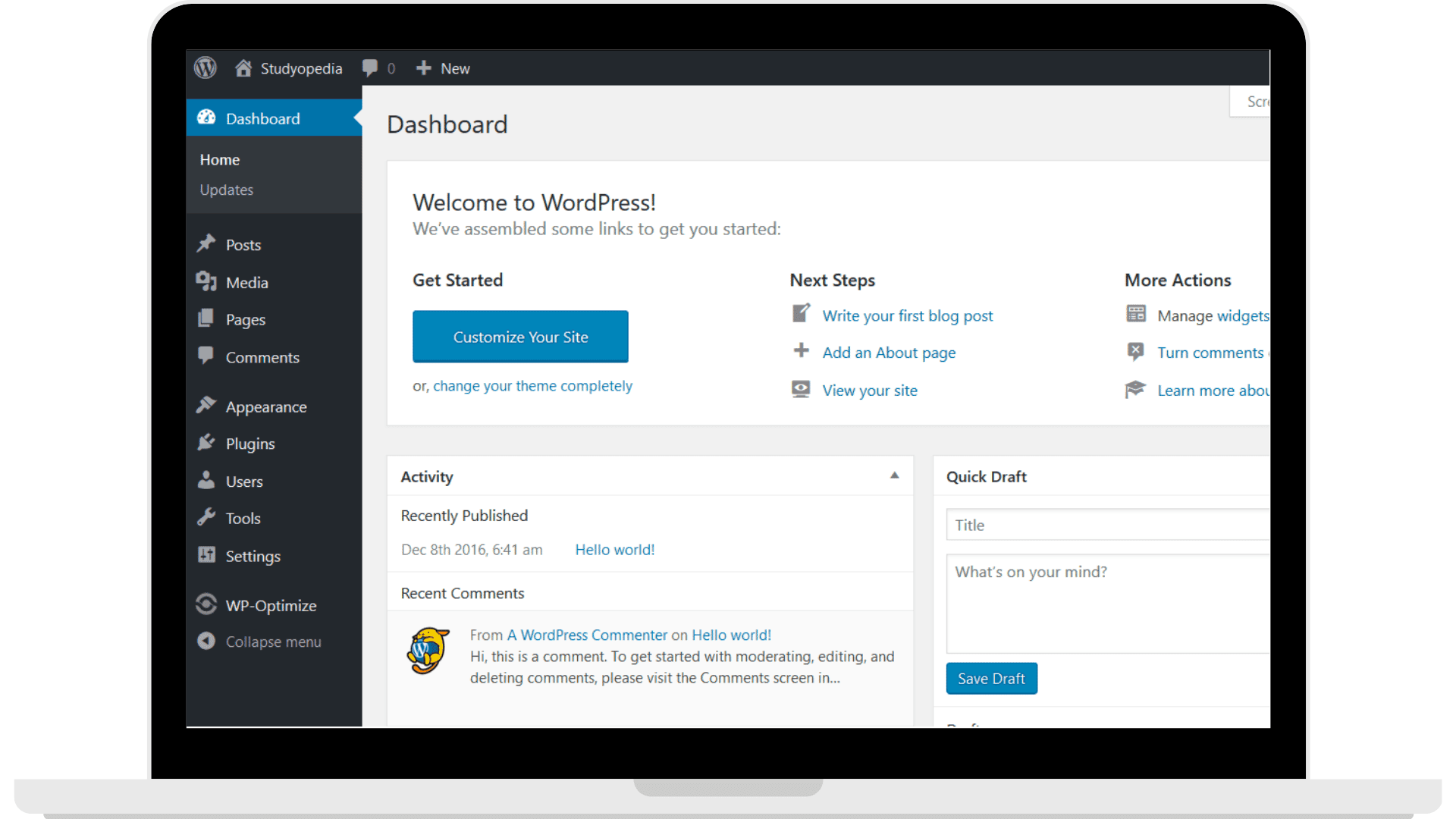 The dashboard of WordPress, a famous CMS software that lets you publish and manage your content.