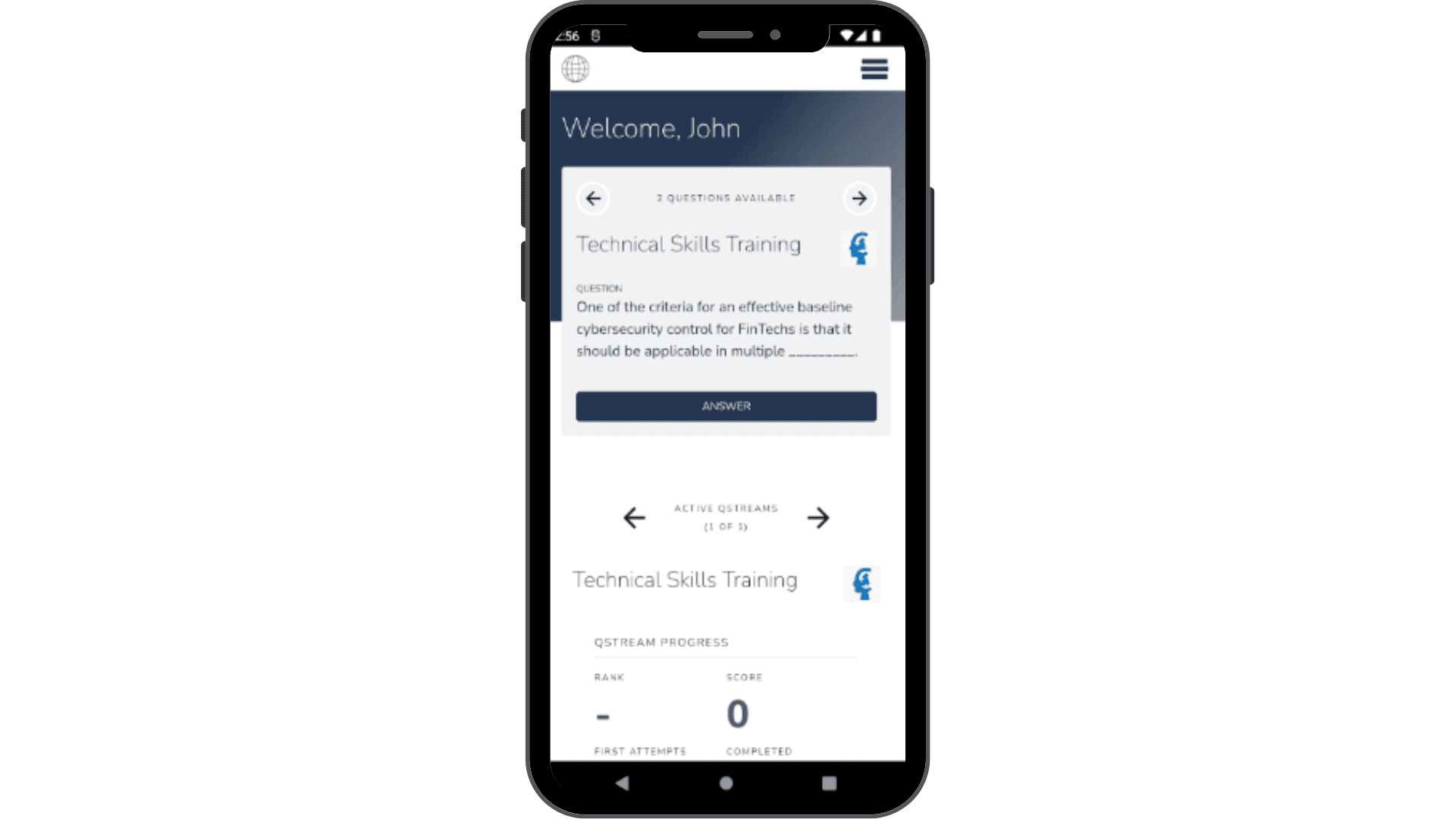 Qstream’s mobile sales enablement application shows the training questions and the progress of a sales rep.