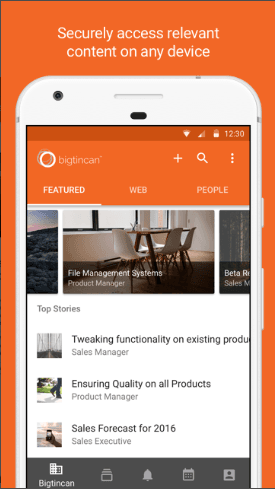 Home section of Bigtincan’s mobile app featuring top stories and content suggested by its AI-powered algorithm.