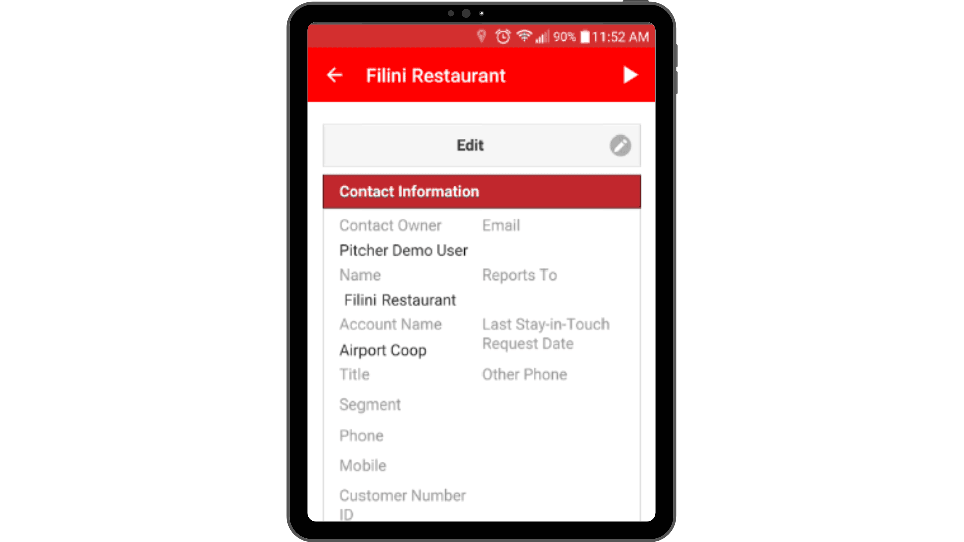 A lead’s profile in Pitcher’s mobile sales enablement app which can be modified to add new details.