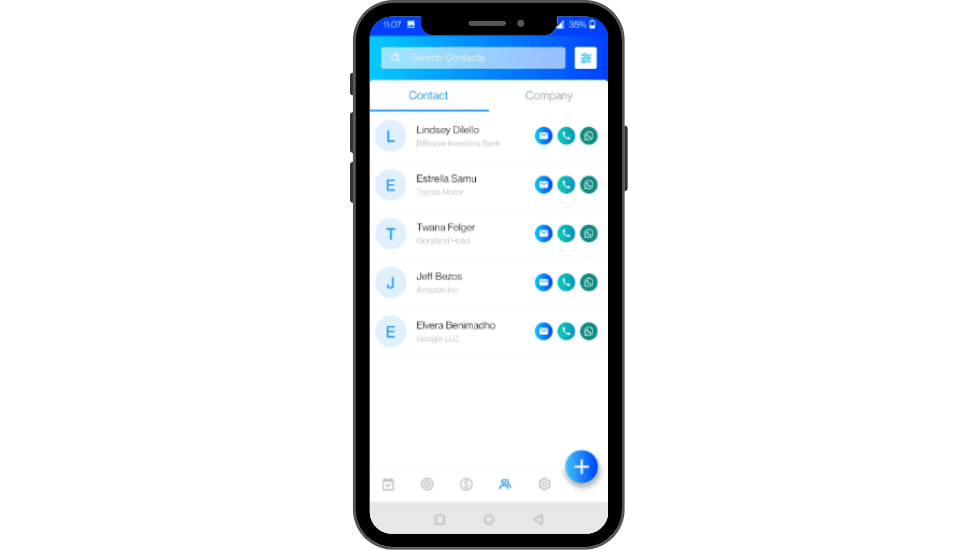 The contacts section of Zixflow’s mobile application allows you to reach out to prospects directly from the app.