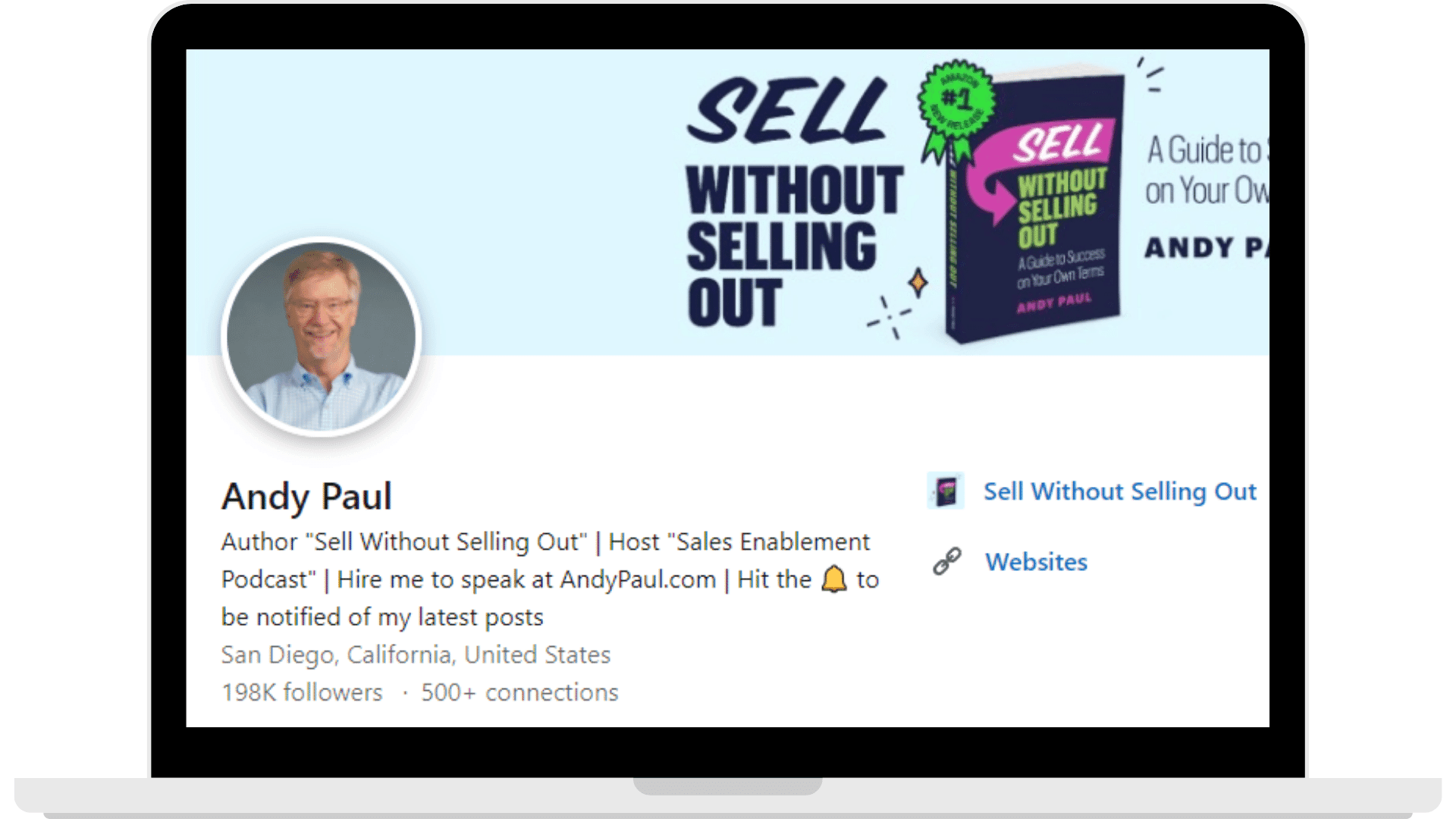 LinkedIn page of Andy Paul, a sales accelerator specialist and the host of The Sales Enablement Podcast.