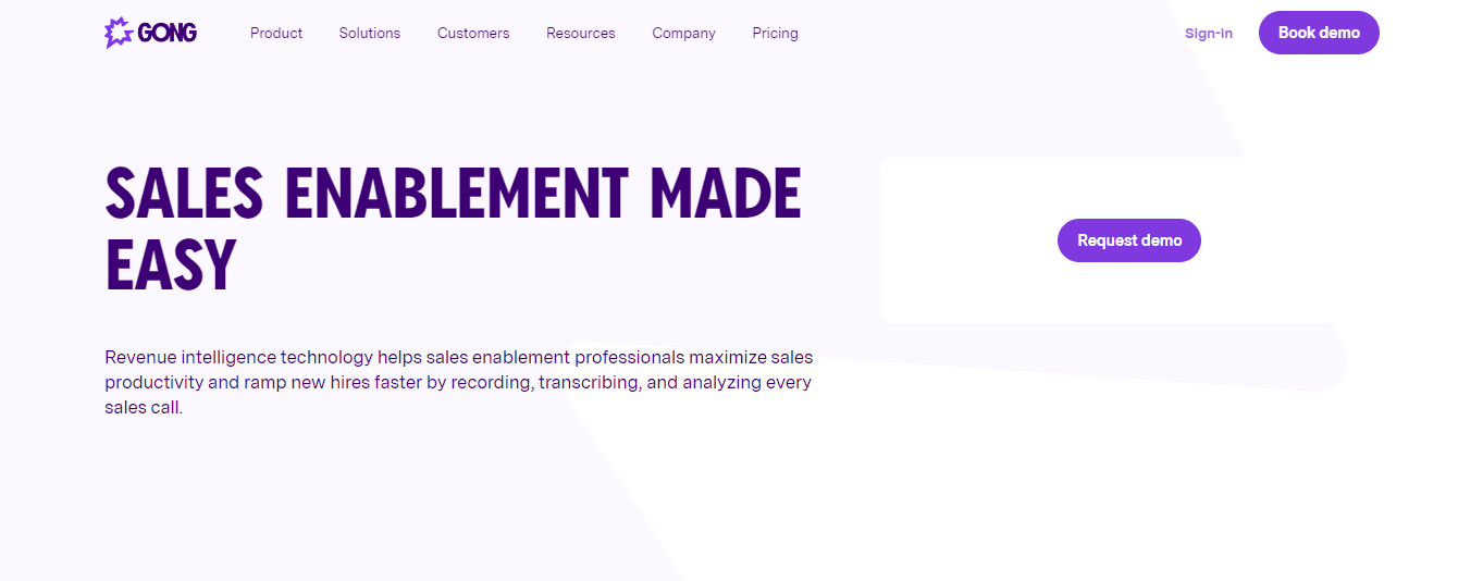 Homepage of Gong, a sales enablement platform.