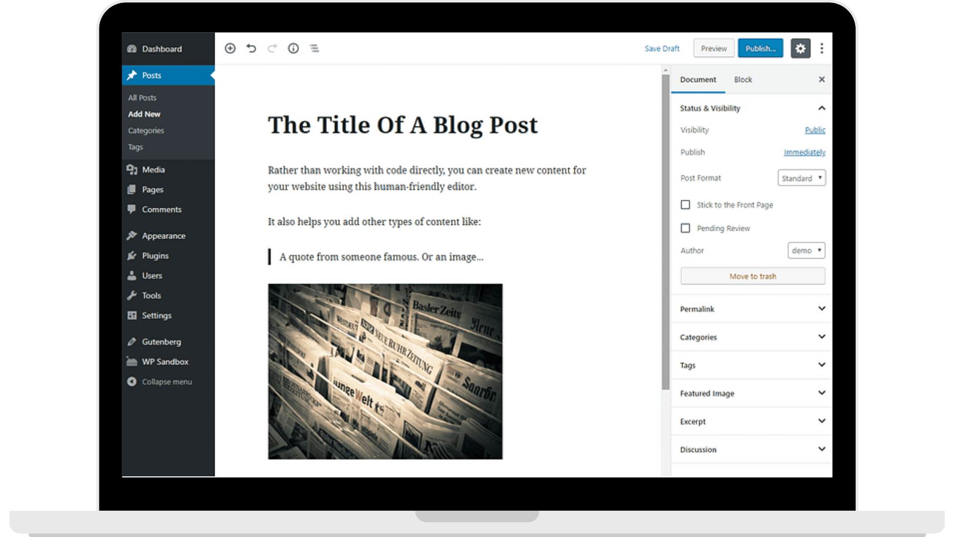 The user interface of WordPress, one of the most famous CMS software.(source: Themeisle)