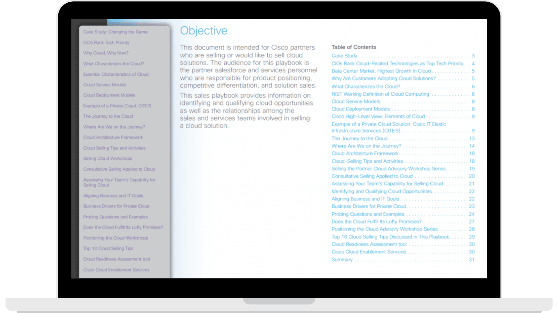 Cisco’s sales playbook with every detail about its cloud-based solutions and also a table of content for easy navigation.(Source)