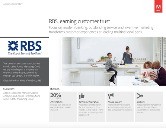 Adobe’s case study about how it helped the Royal Bank of Scotland with its offerings.(Image source)