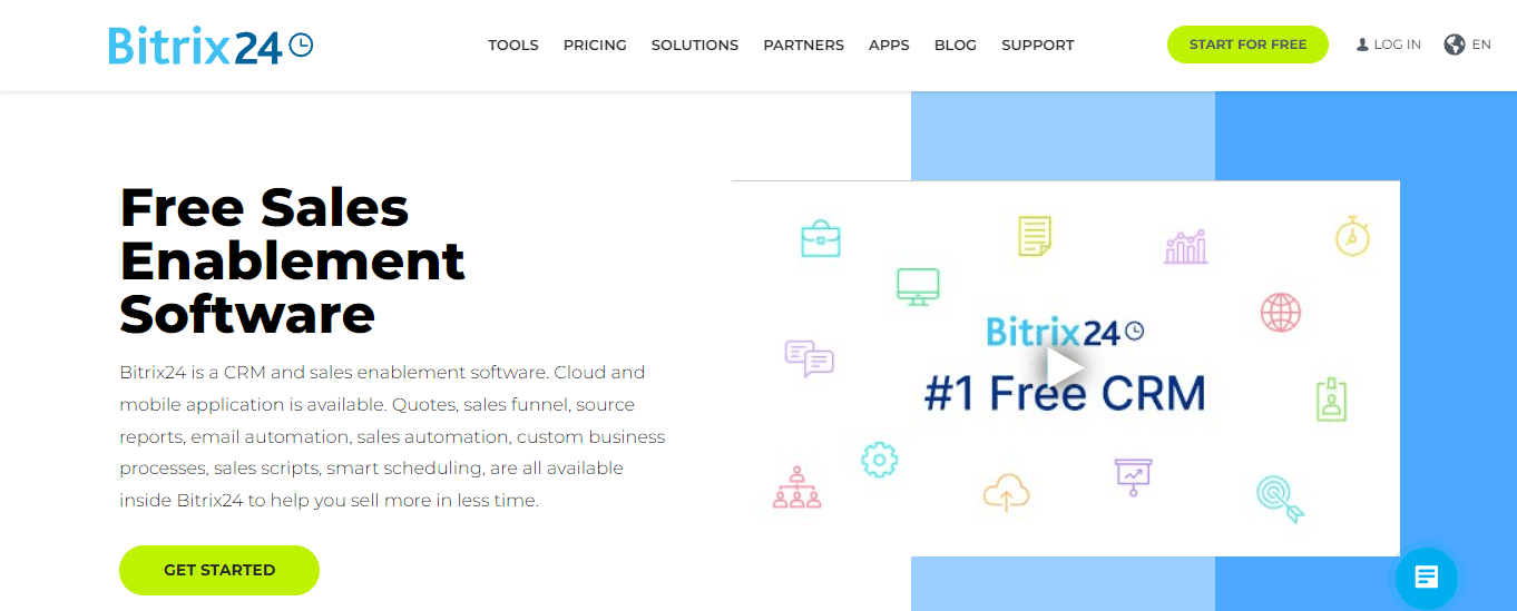 Product page of Bitrix24, sales enablement software.