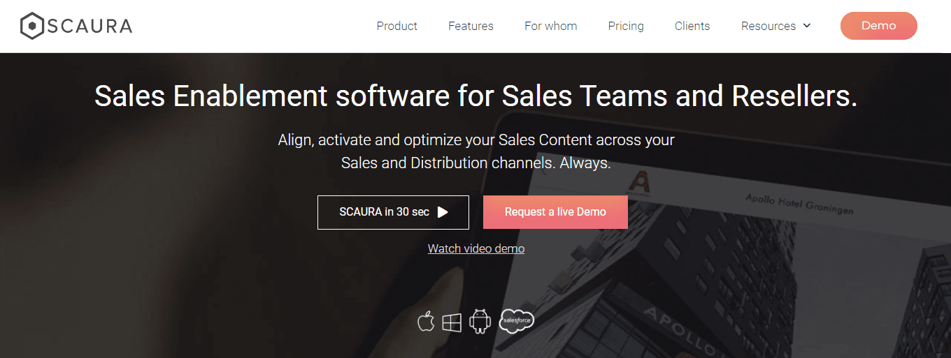 Homepage of Scaura sales enablement software.