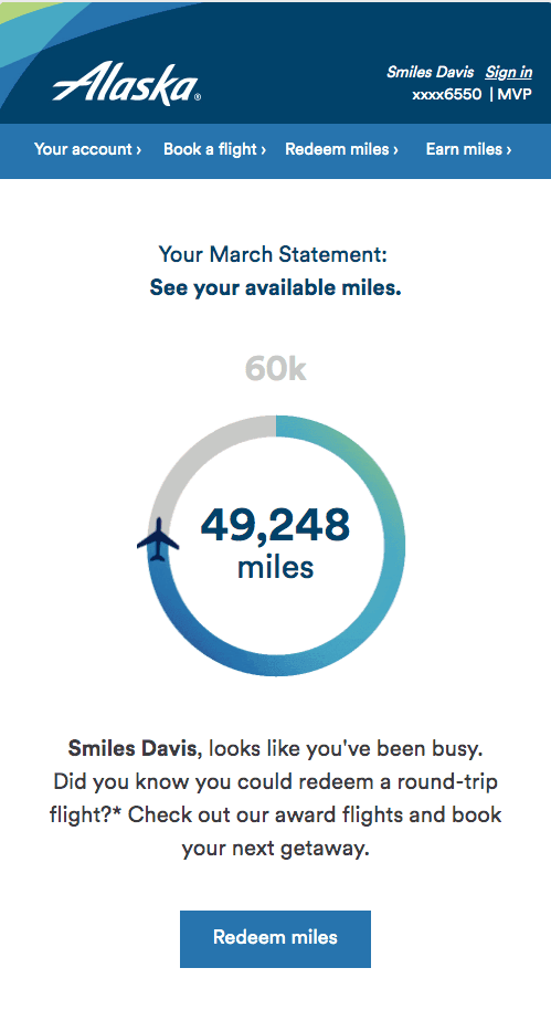 Personalized messaging from Alaska Airlines telling its customer the total air miles he traveled and when he can redeem an award flight.(Source)