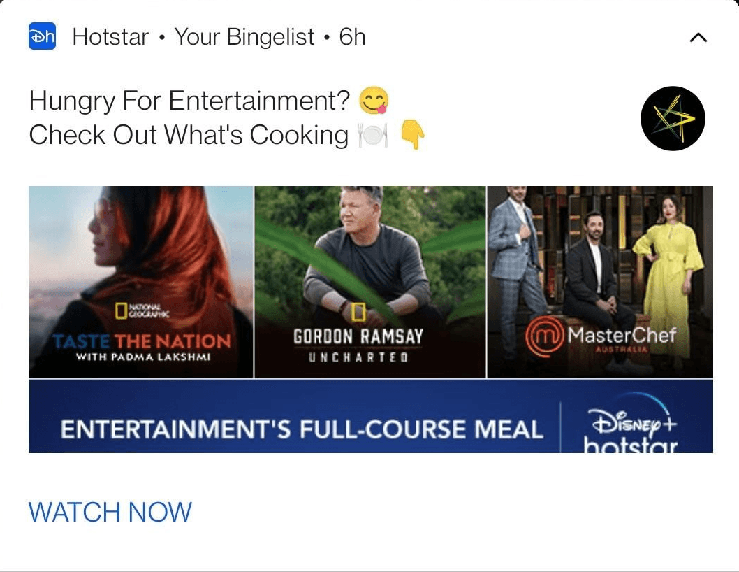 An example of sales engagement by Hotstar that offers super-personalized recommendations based on your watch history.(source: Hotstar)