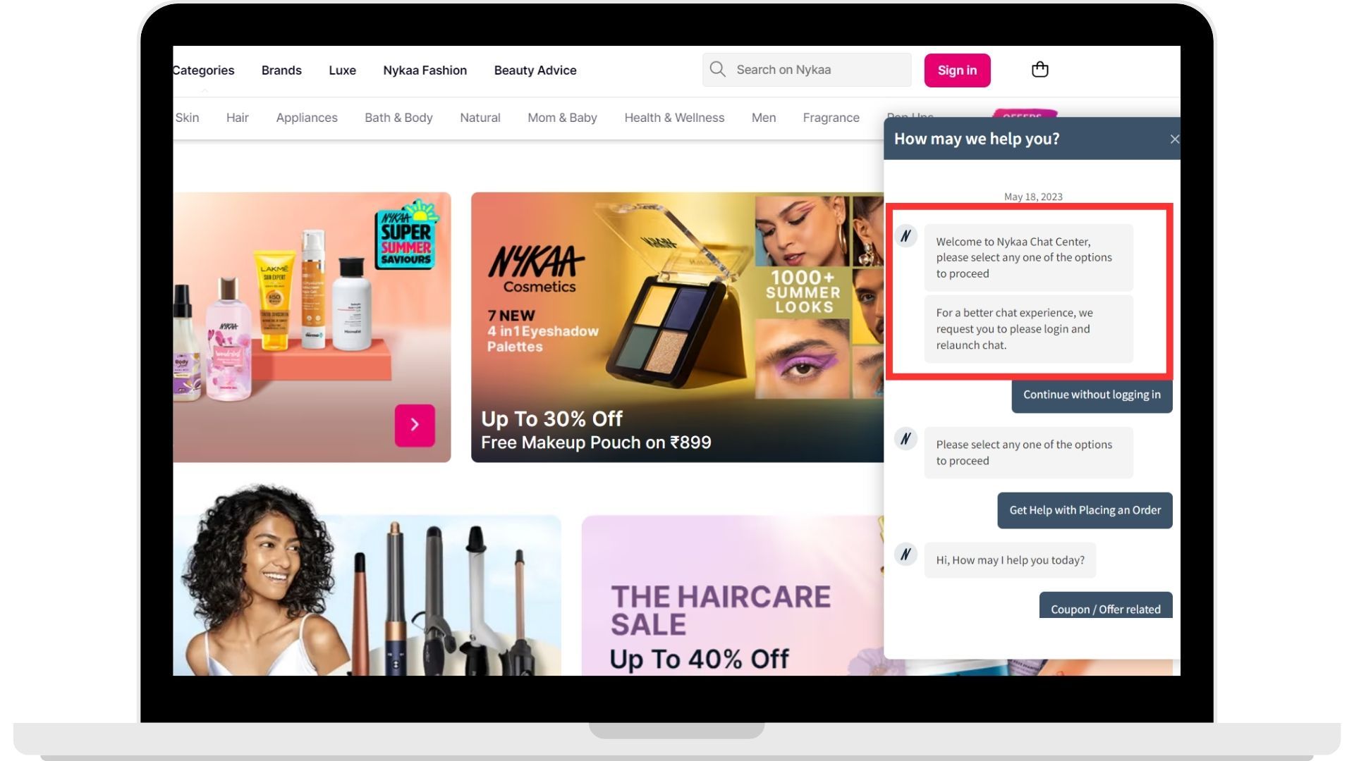 Welcome greetings from Nykaa with a request to log in to have a better experience.