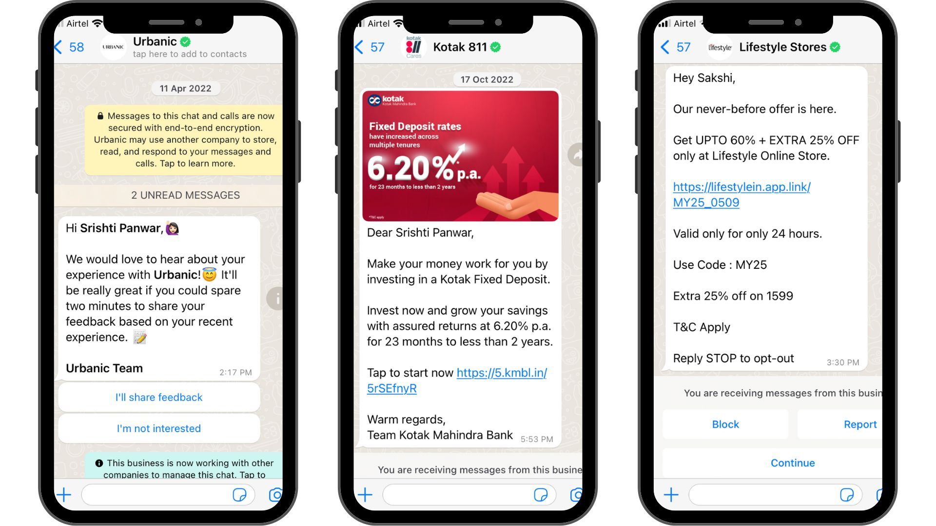 Examples from brands using names and making discount suggestions to personalize the conversation as much as possible.