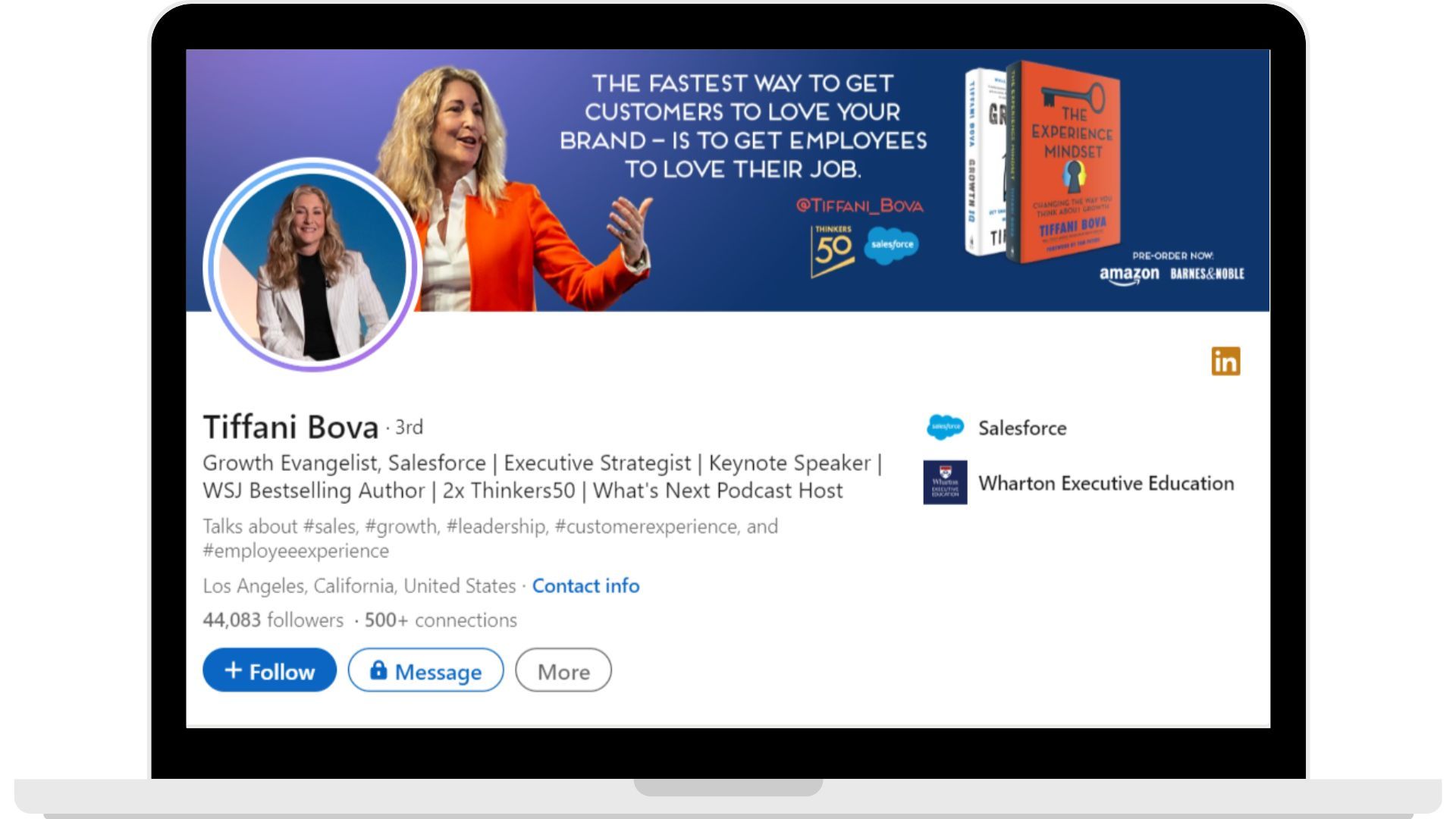 Sales influencer Tiffani Bova's Linkedin profile.