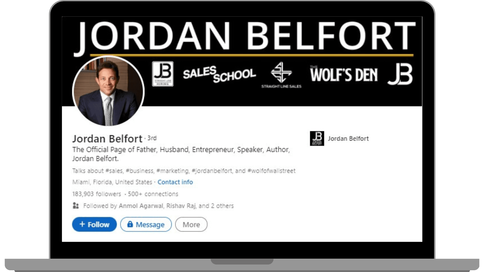 LinkedIn Profile of sales influencer Jordan Belfort aka The Wolf of Wall Street.