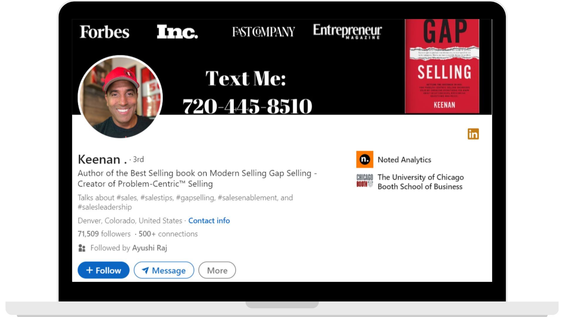 Sales influencer Keenan's Linkedin profile.