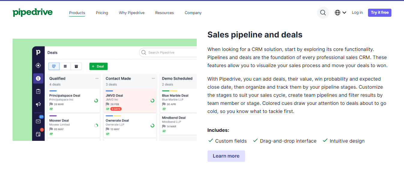 Sales pipeline management functionality of Pipedrive.