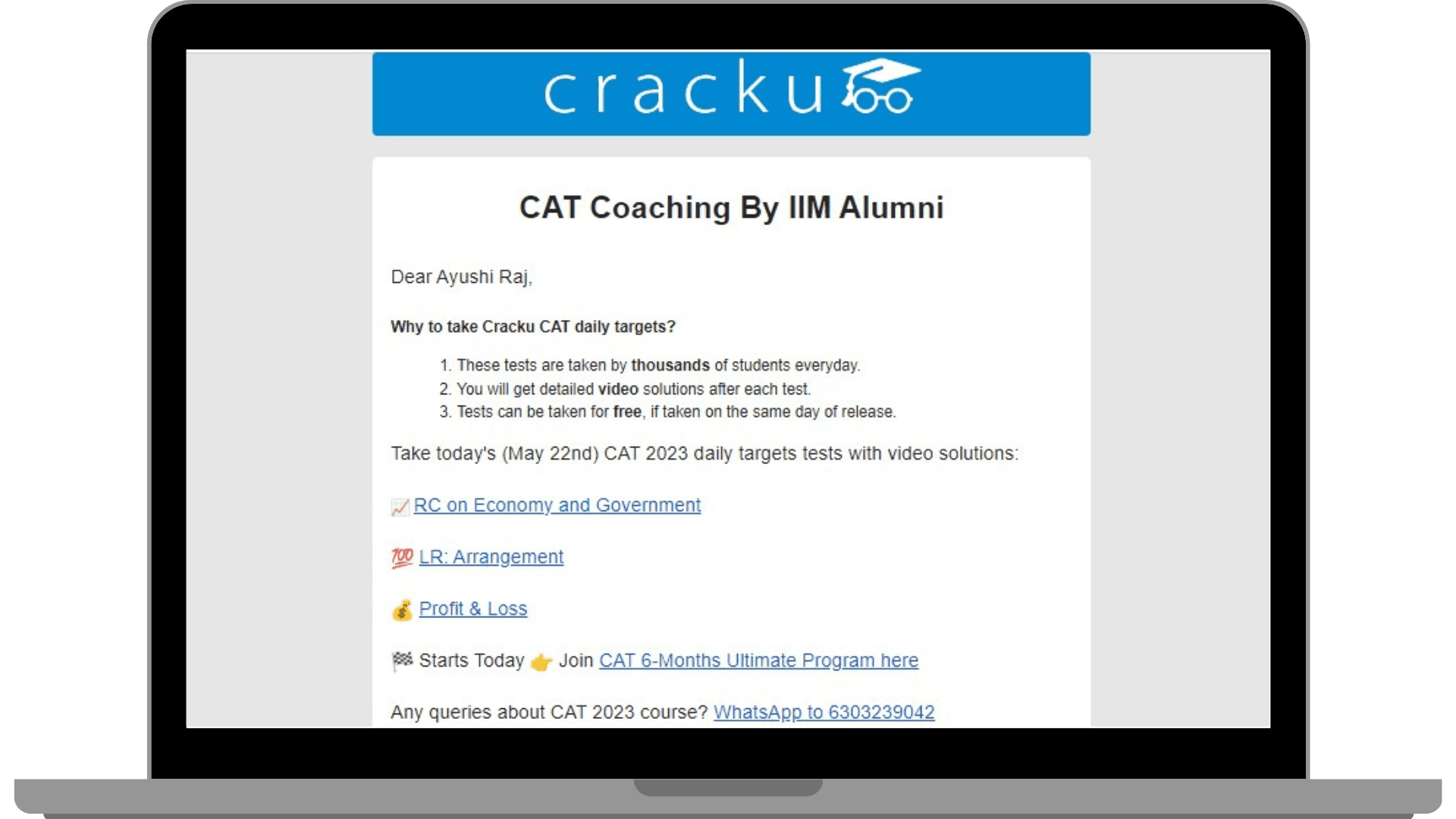 An example of how Cracku follows-up with its prospects after every interaction