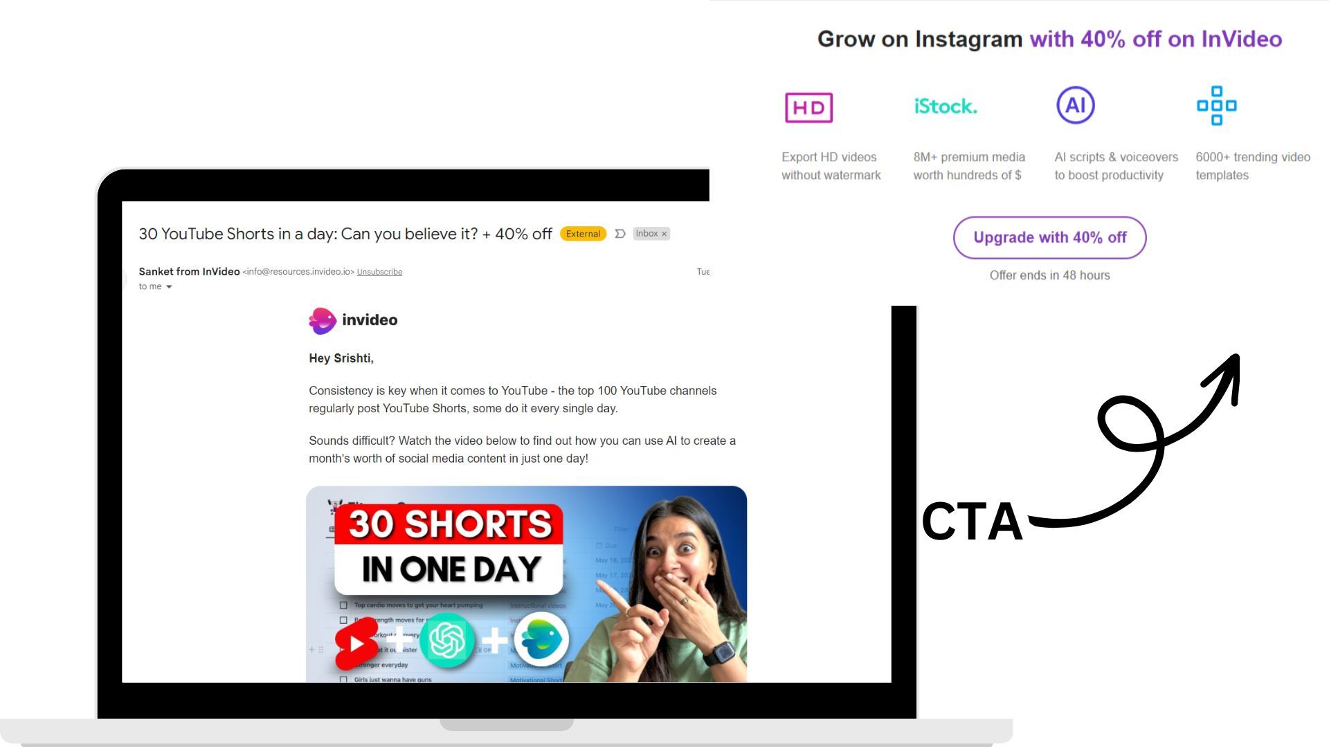 A highly personalized email from Sanket- inVideo. The Email is directed towards me, it is informative, and it also has a CTA with it. A complete package.