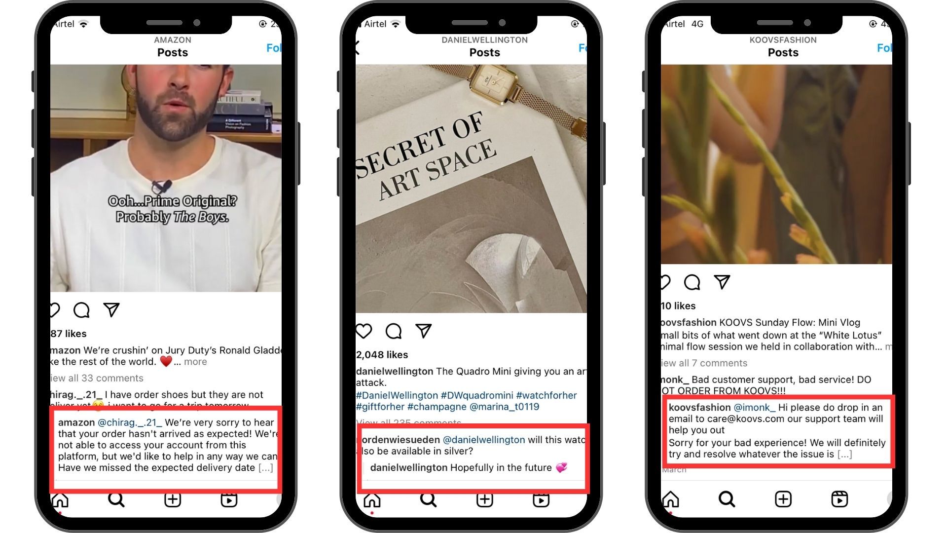 Amazon, Daniel Wellington, and Koovsfasion responding to customer queries and concerns.
