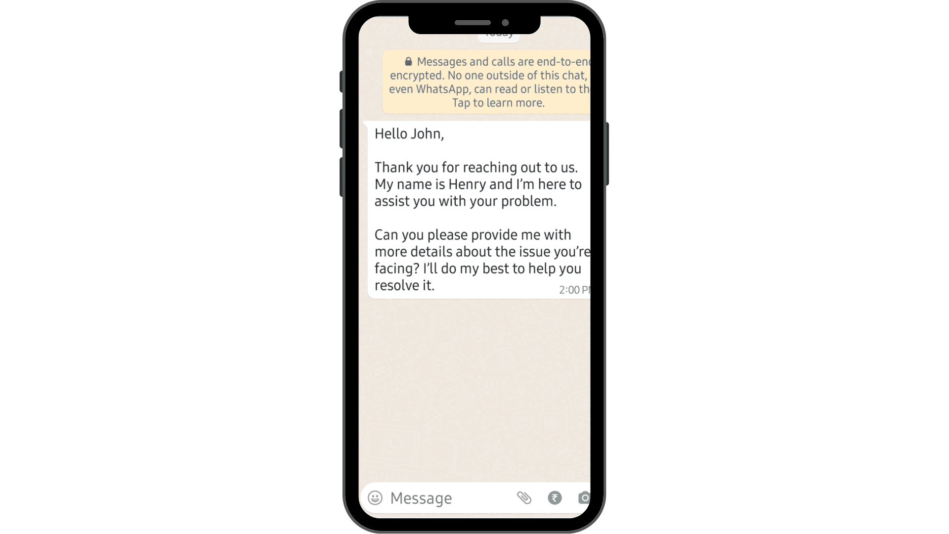 An example of a customer support message on WhatsApp.