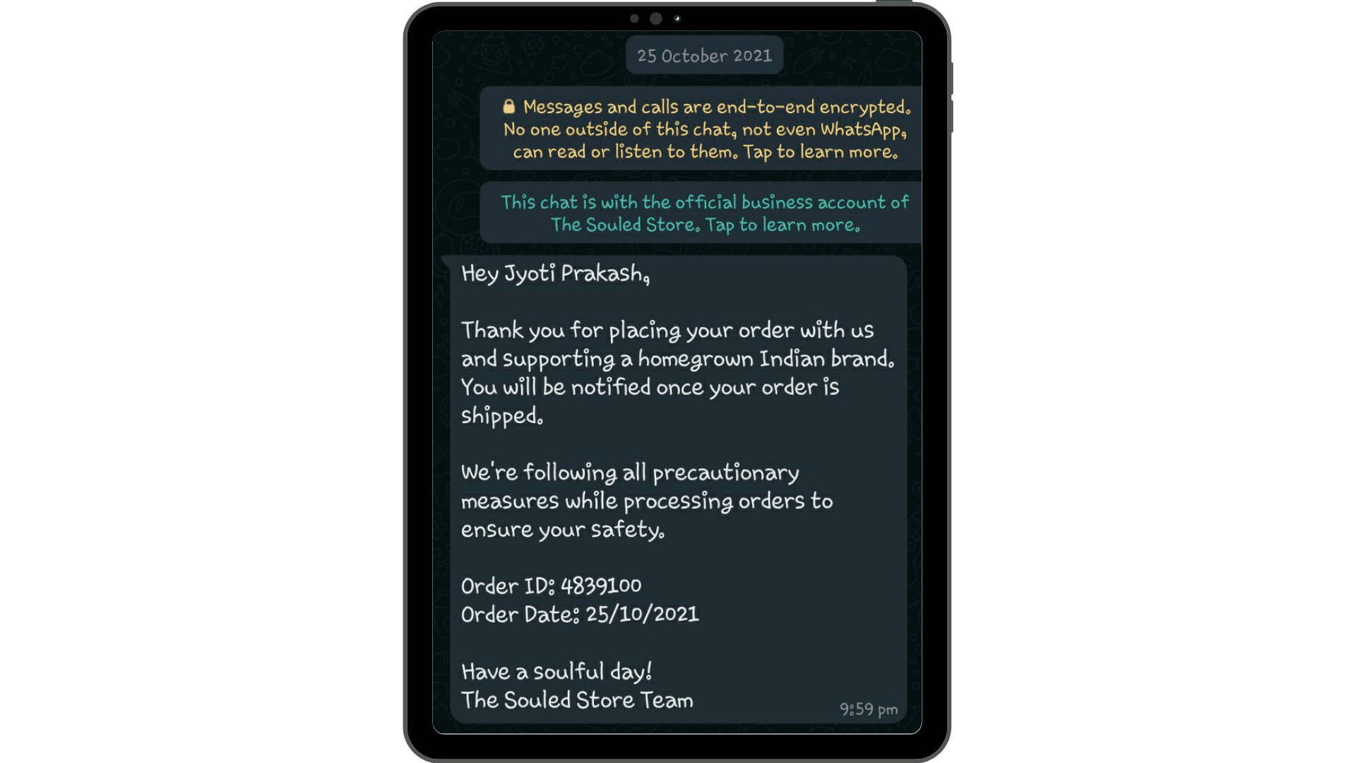 An example of the order confirmation message sent using the WhatsApp API.