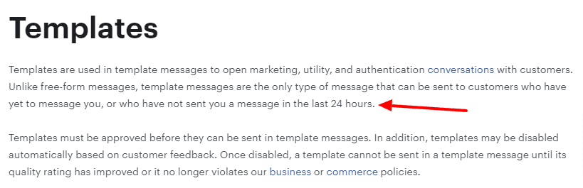 Template guidelines on the Meta website showcasing 24 hours rule. (source: Meta)