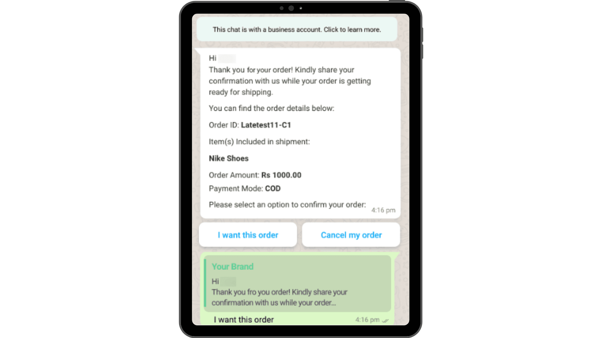 WhatsApp’s order confirmation template example.