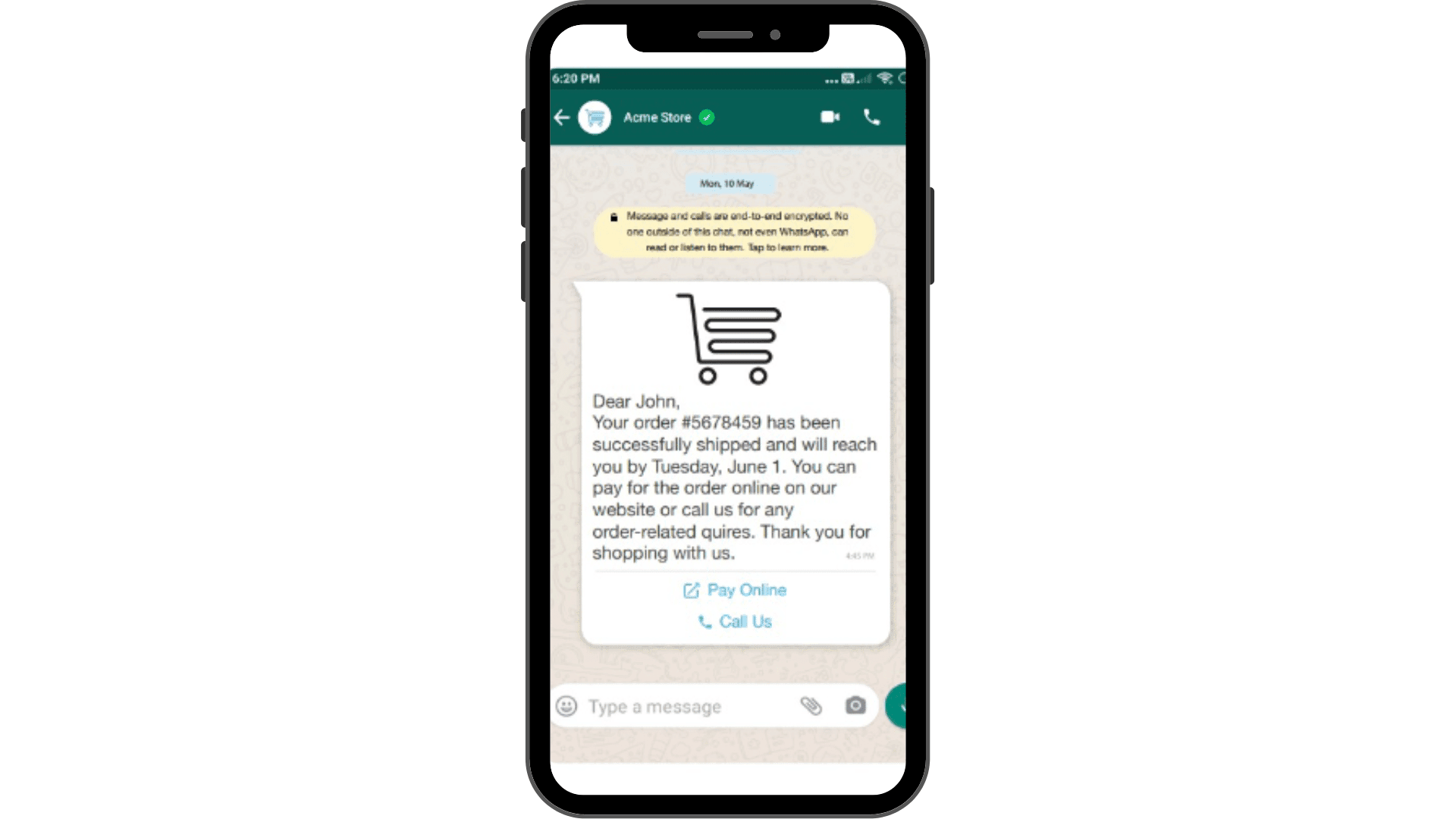 WhatsApp’s delivery update template example.