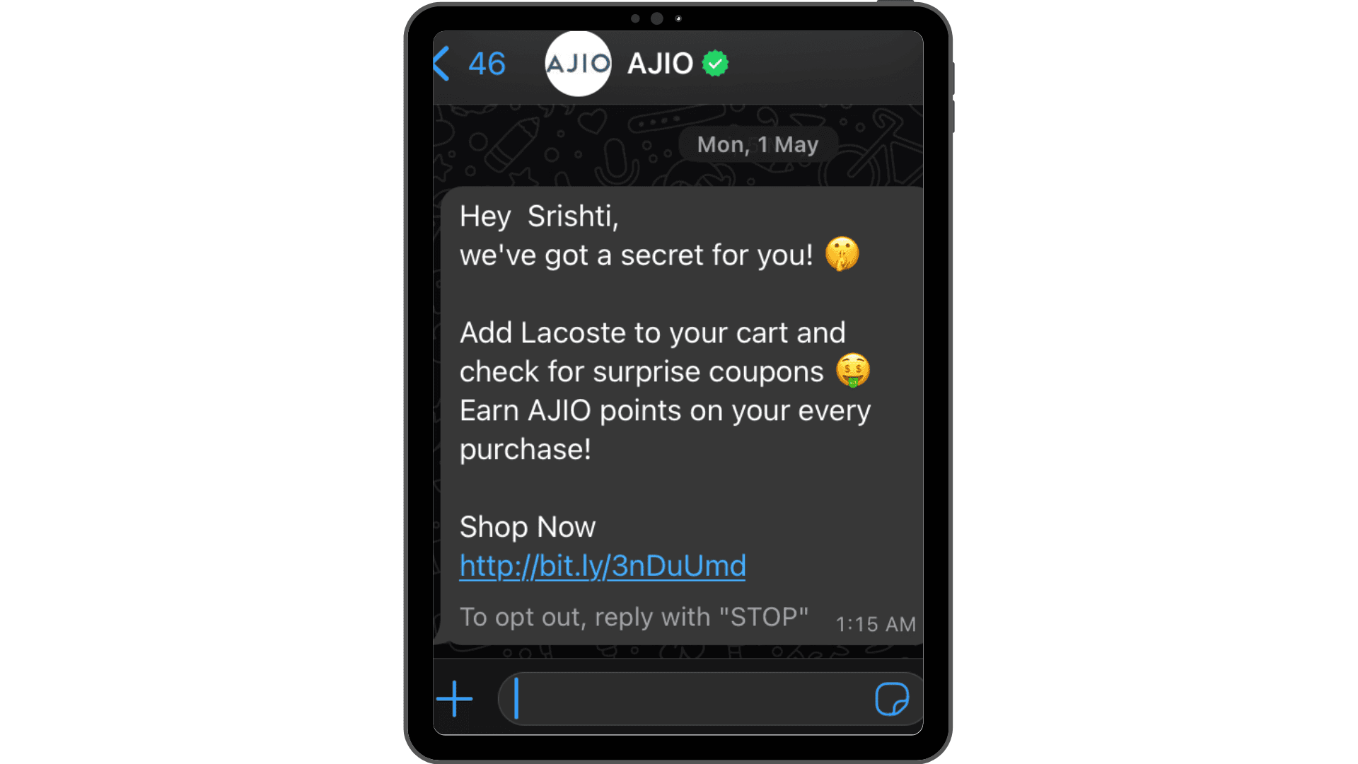 WhatsApp’s exclusive offer template example.