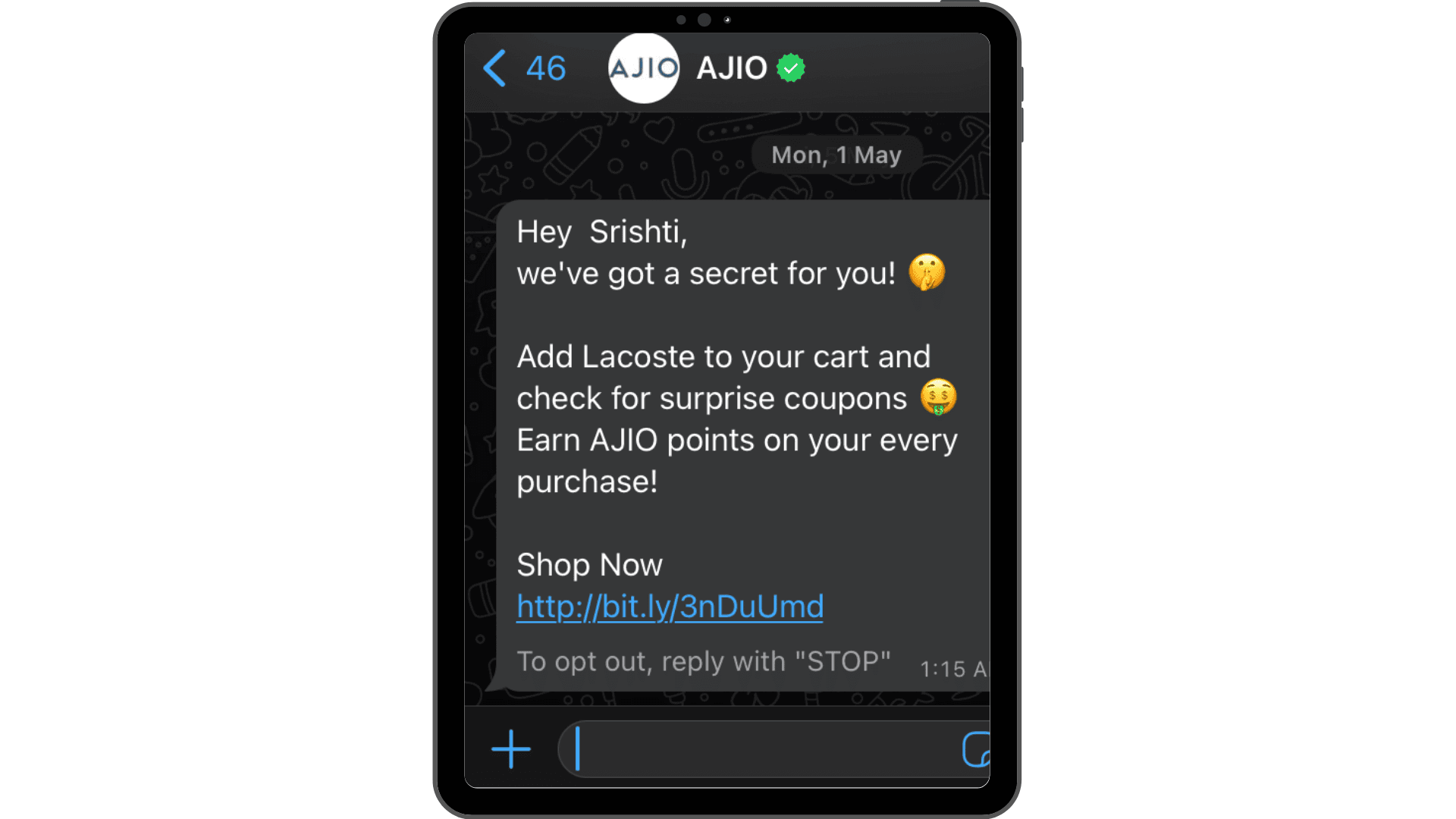 An example of a personalized message on WhatsApp by AJIO.