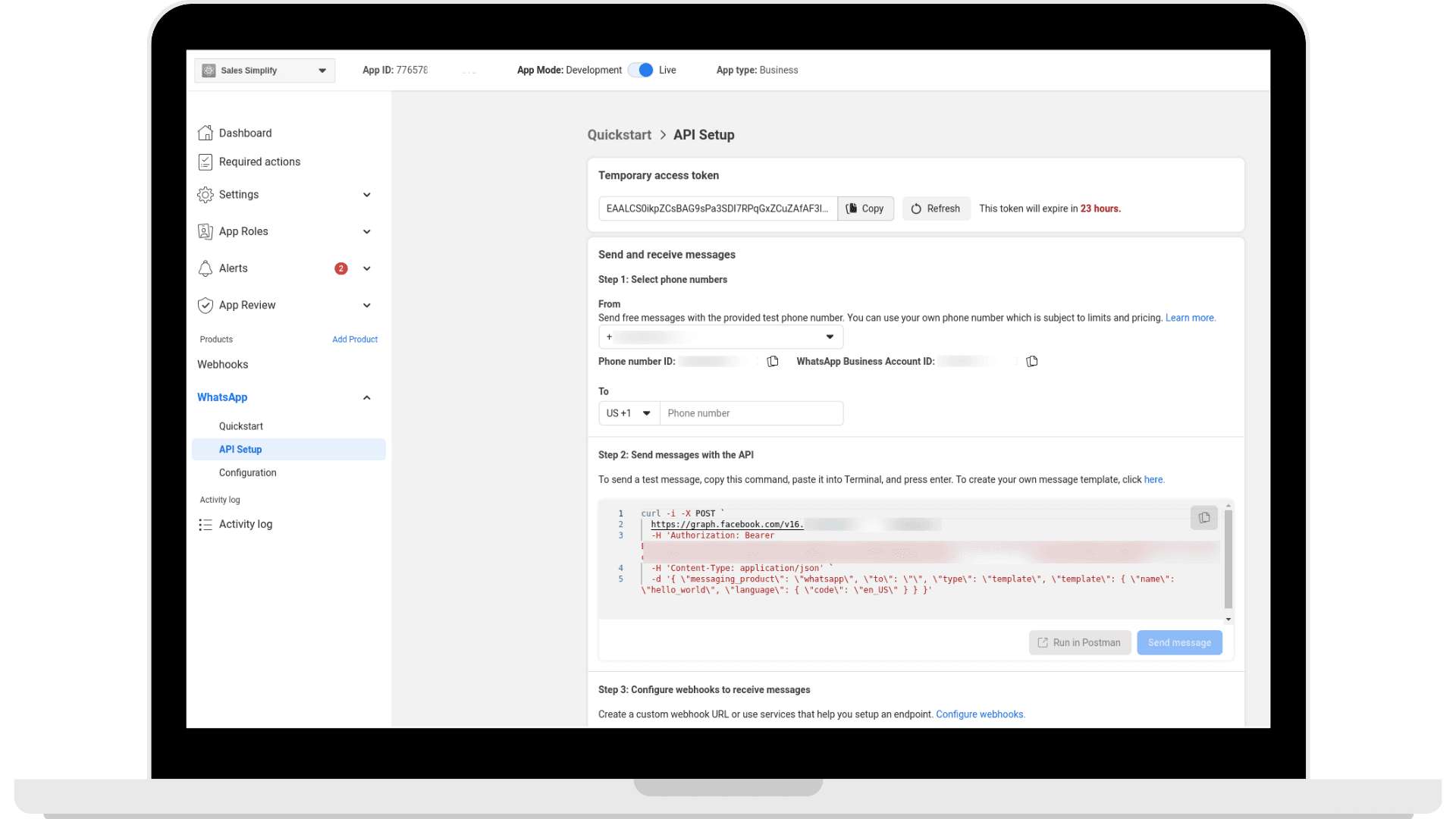 Getting Started screen of WhatsApp Cloud API.