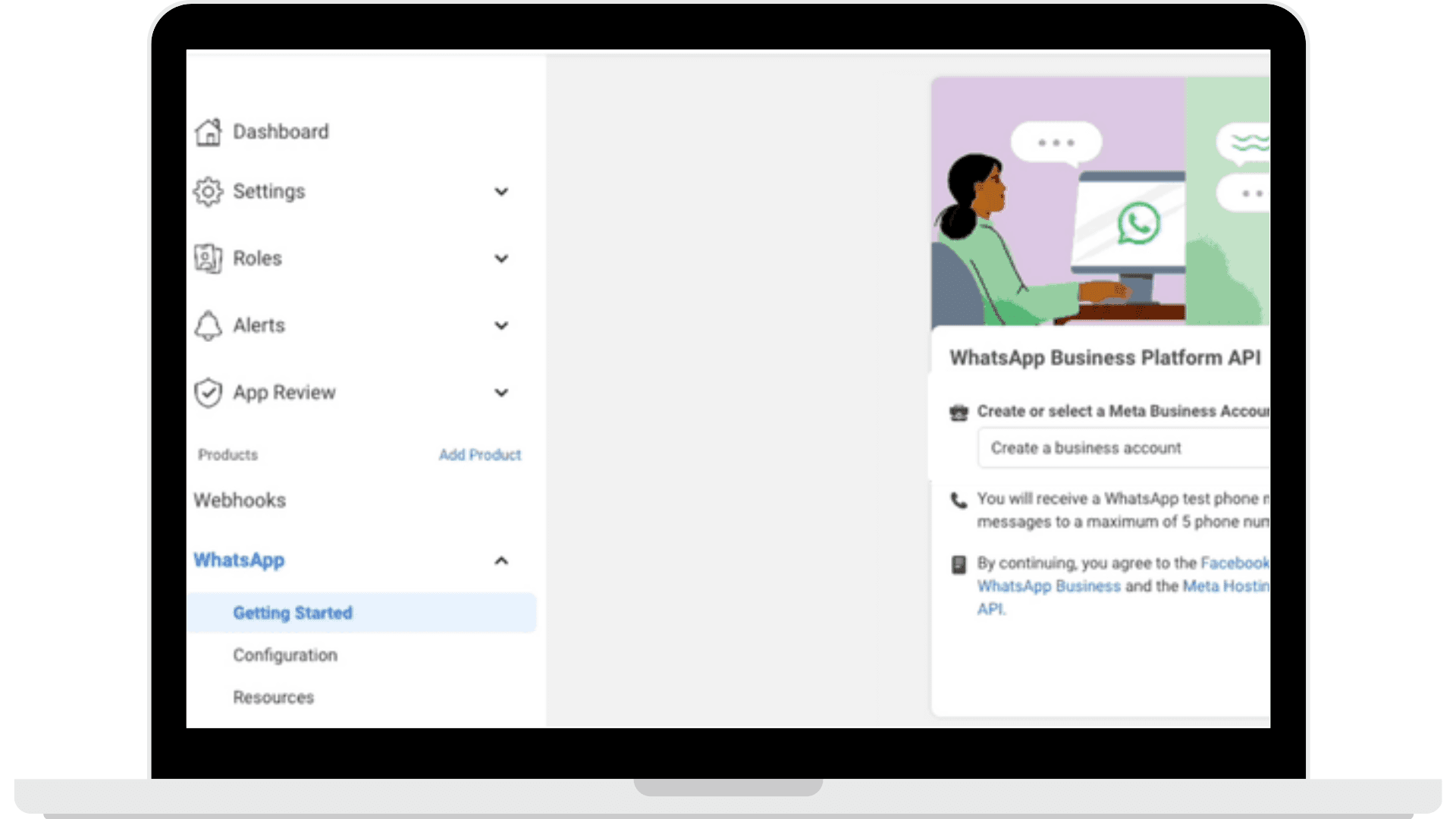 Select or create a business account option in the WhatsApp Cloud API account.