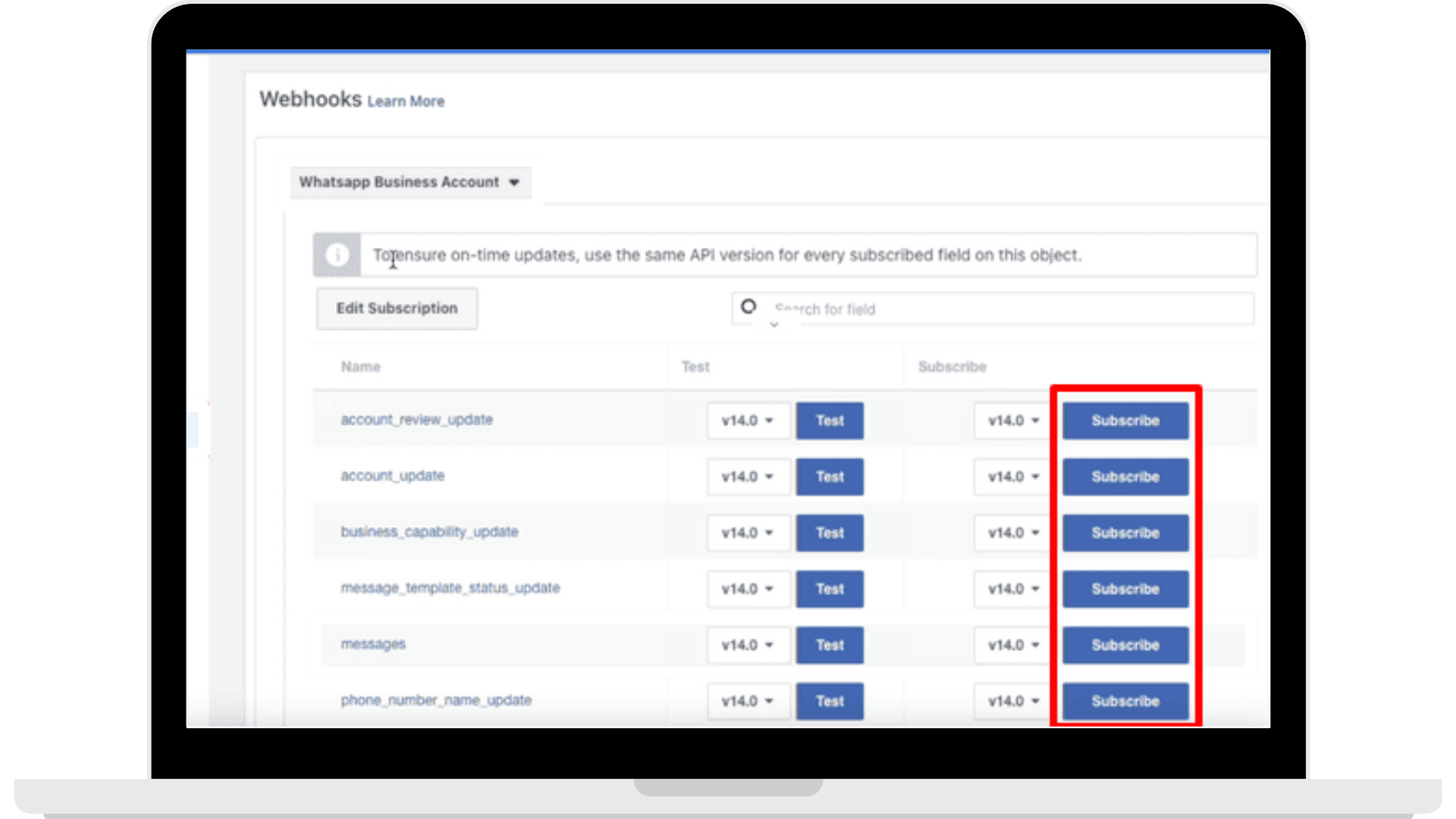 WhatsApp Cloud API Webhooks fields that you can subscribe to based on your needs.