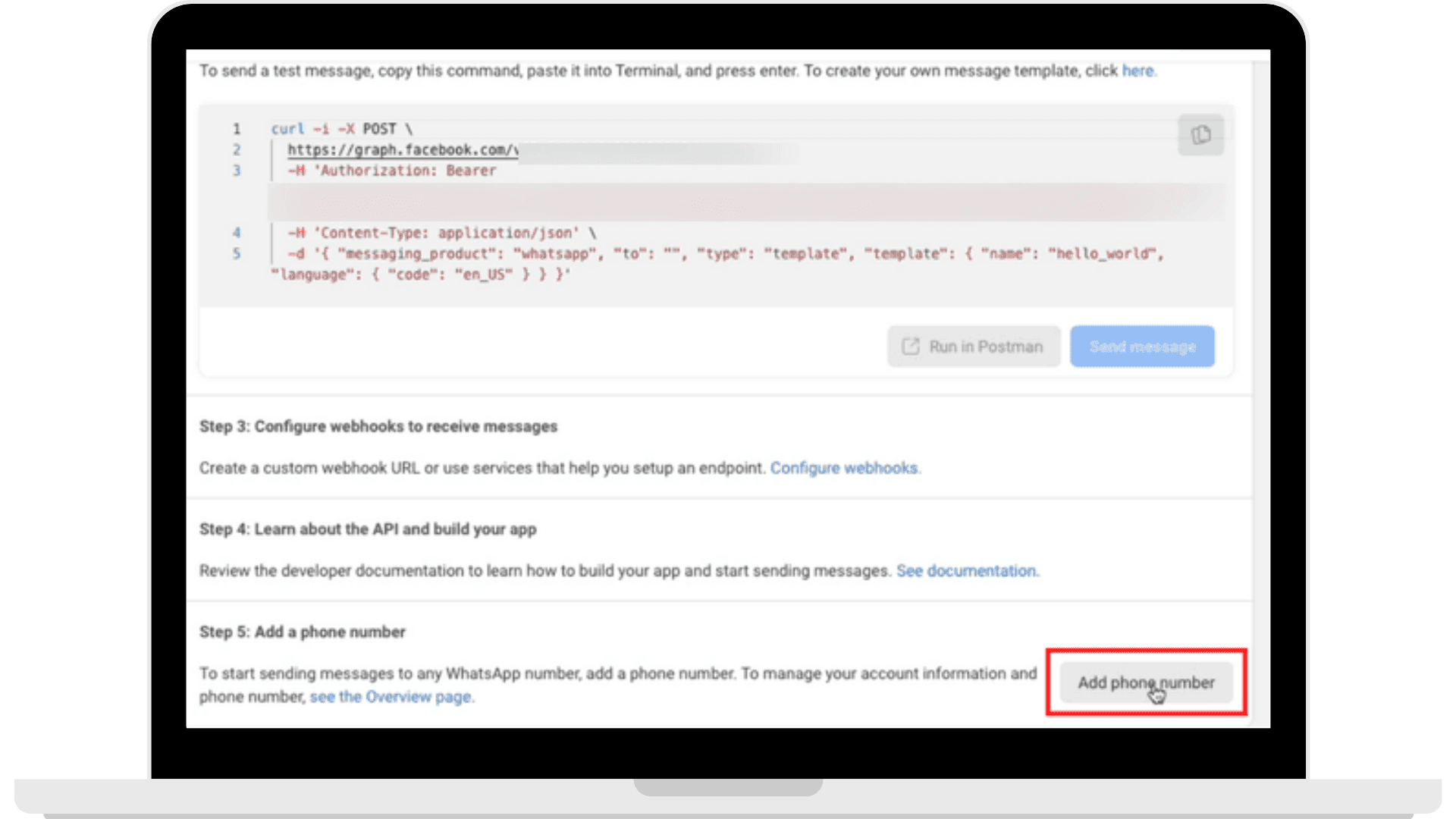 Add a phone number button in WhatsApp Cloud API.