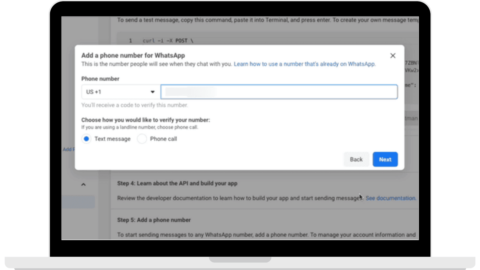 Add a phone number to your WhatsApp API option.