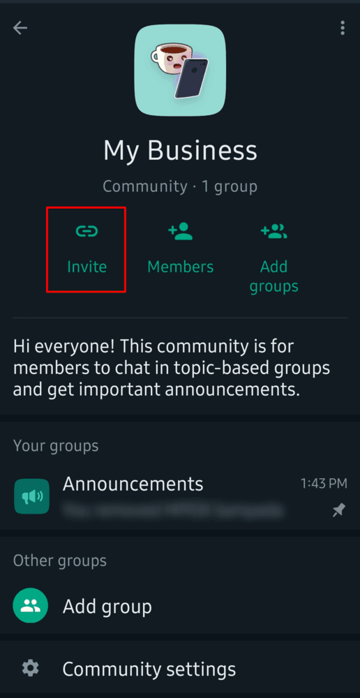 The Invite button present in the Community Info screen allows you to add members to your community.