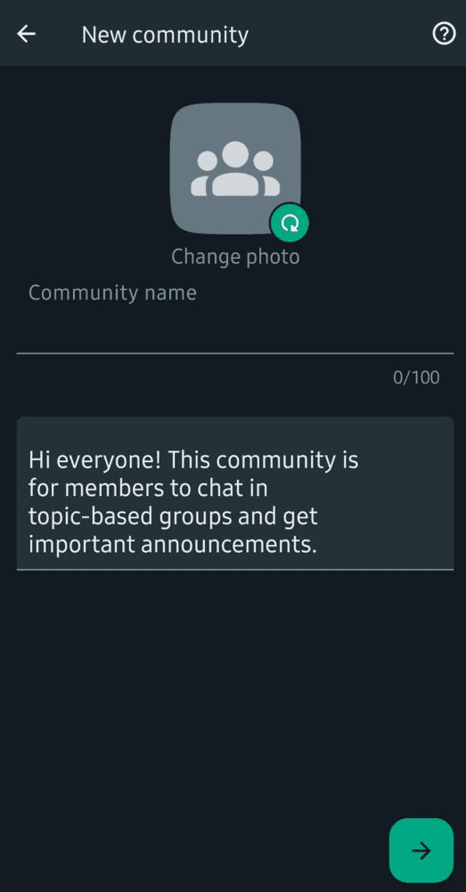 Community name, icon, and description fields that you have to fill when creating a new community on WhatsApp.