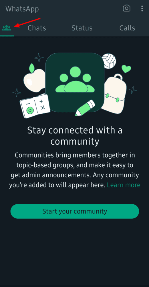 The Community option in the WhatsApp Messenger app.