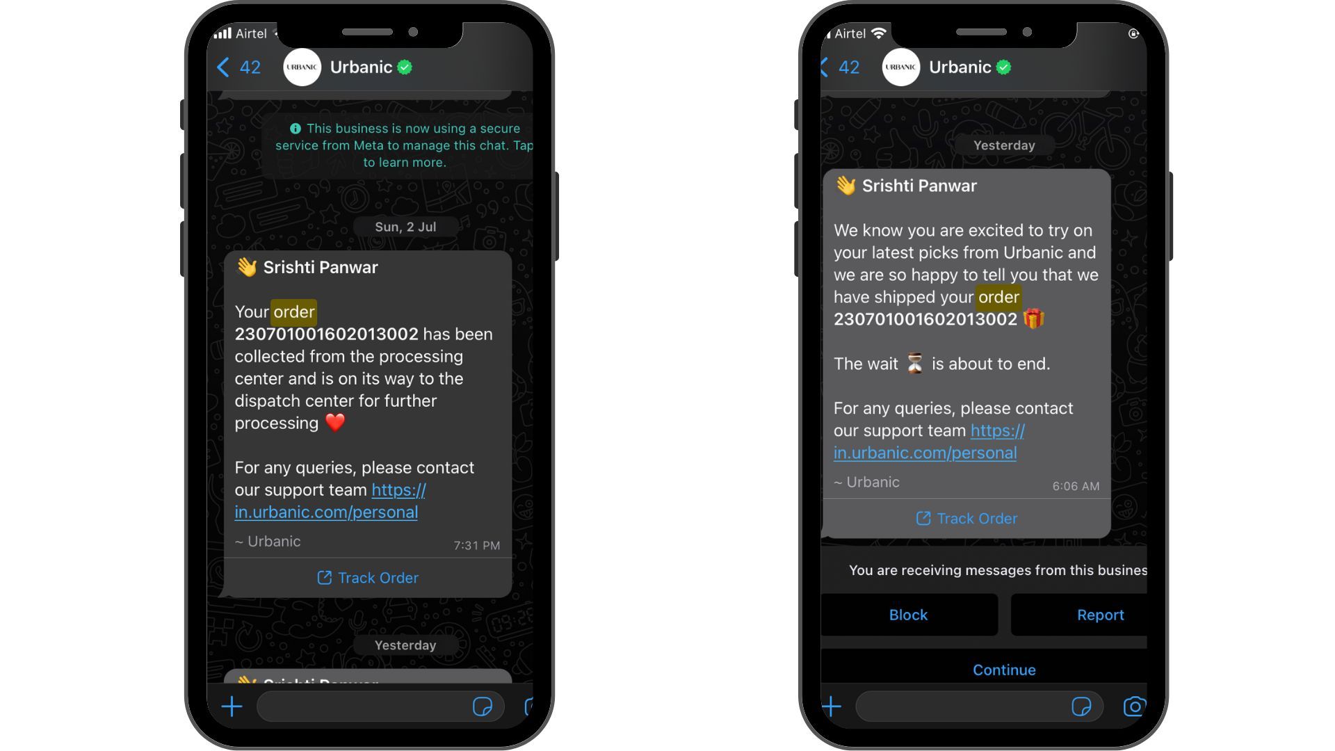 Delivery updates straight from Urbanic to WhatsApp!