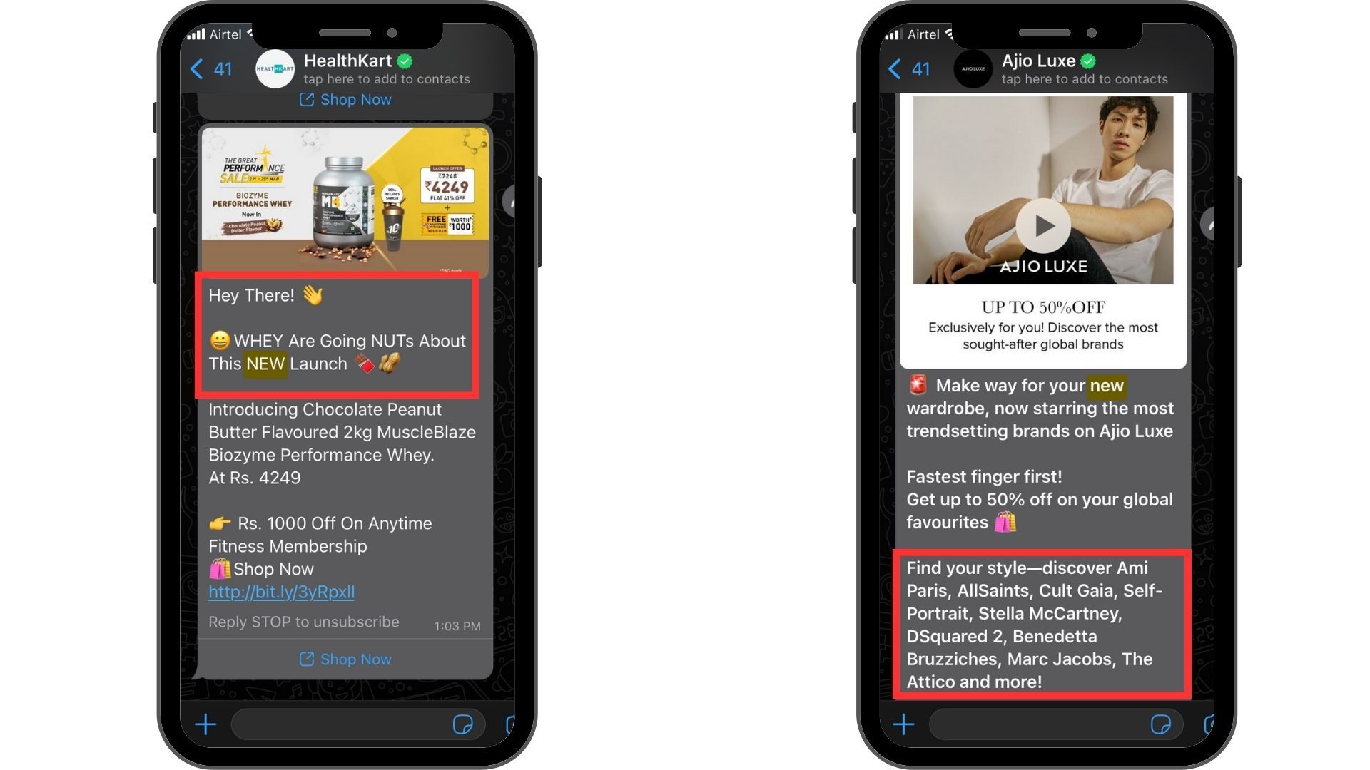 New product alert WhatsApp marketing campaigns from HealthKart and Ajio Luxe.