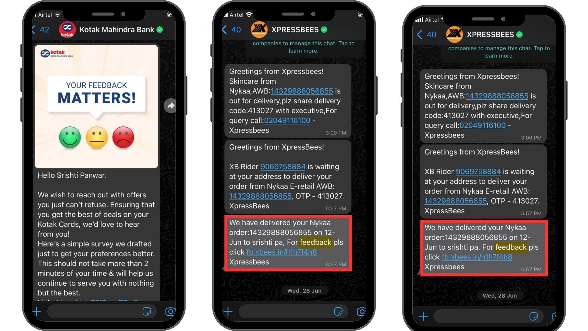 Kotak Mahindra Bank, and XPRESSBEES delivery partner collecting customer feedback.